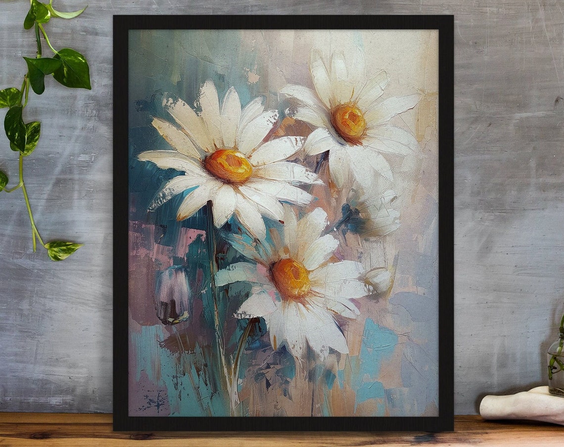 White Daisy Bouquet Oil Painting Soft Floral Botanical Art Poster