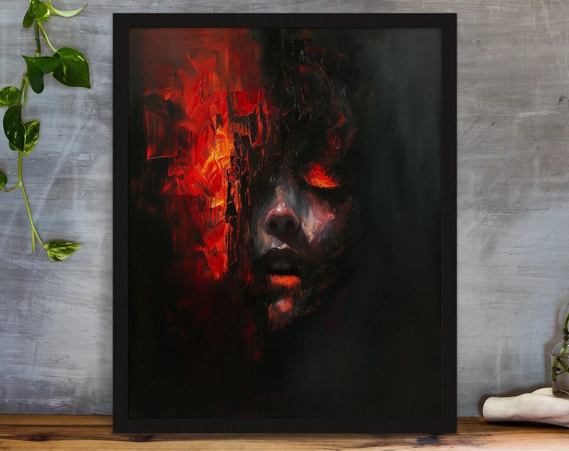 Demonic Face Engulfed in Fire Dark Horror Oil Painting Gothic Poster