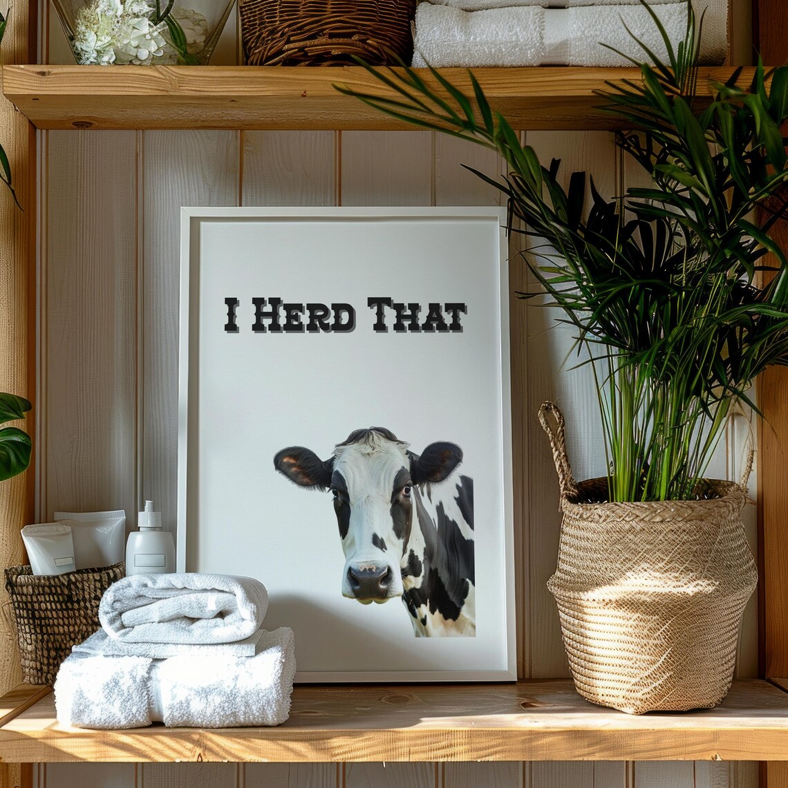 Funny Cow Bathroom Wall Art Print, Rustic Farmhouse Decor