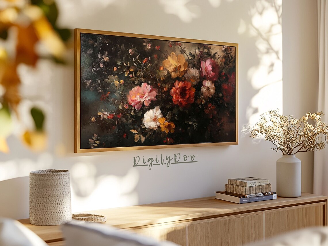 Dark Moody Floral Bouquet Vintage Oil Painting Frame TV Print - Image 3