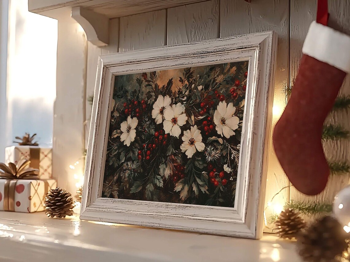 White Blossoms Holiday Floral Still Life Red Berry Winter Art Poster - Image 2
