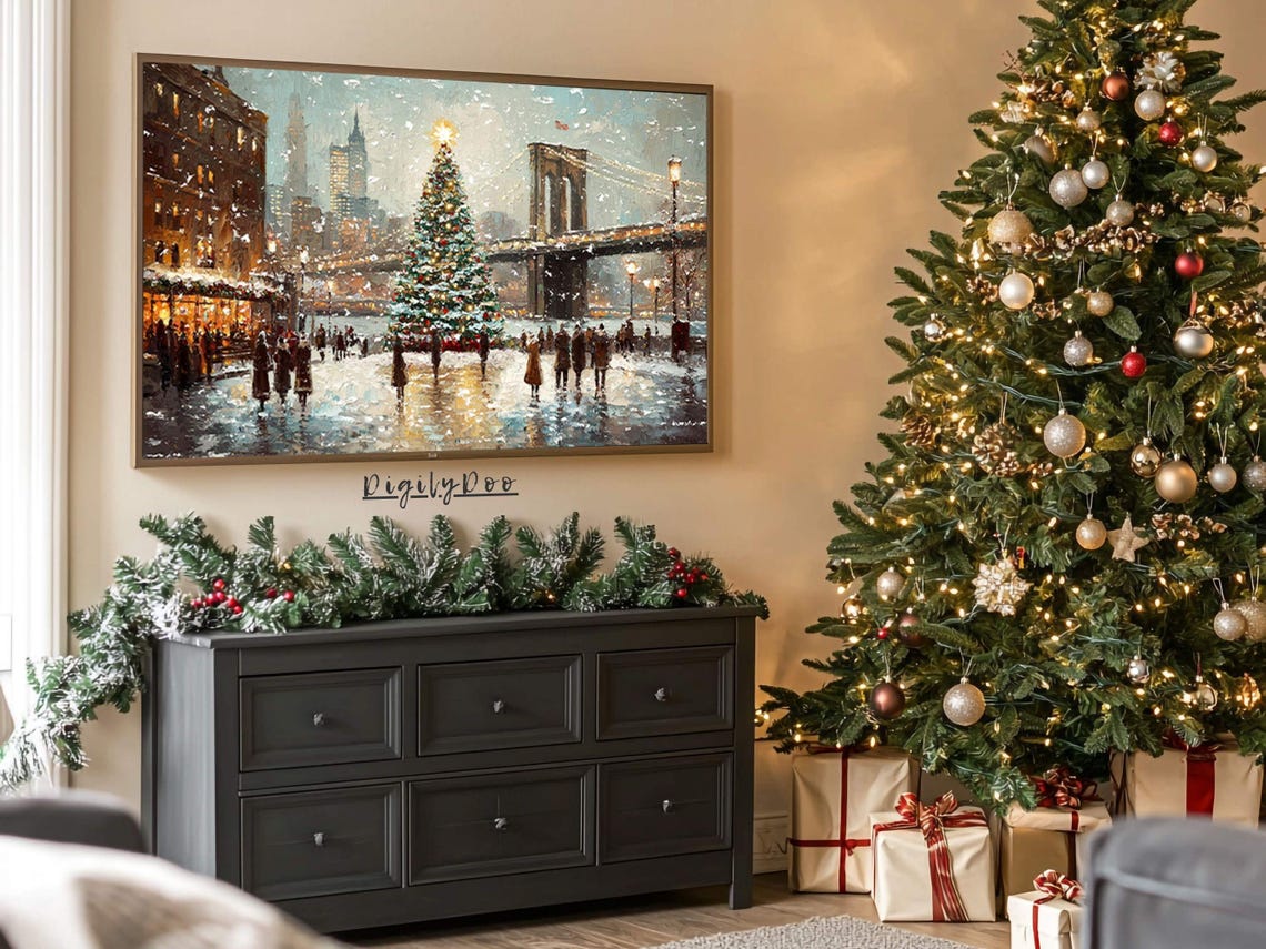 Brooklyn Bridge Christmas Tree Snowy Day NYC Skyline Art Poster - Image 3
