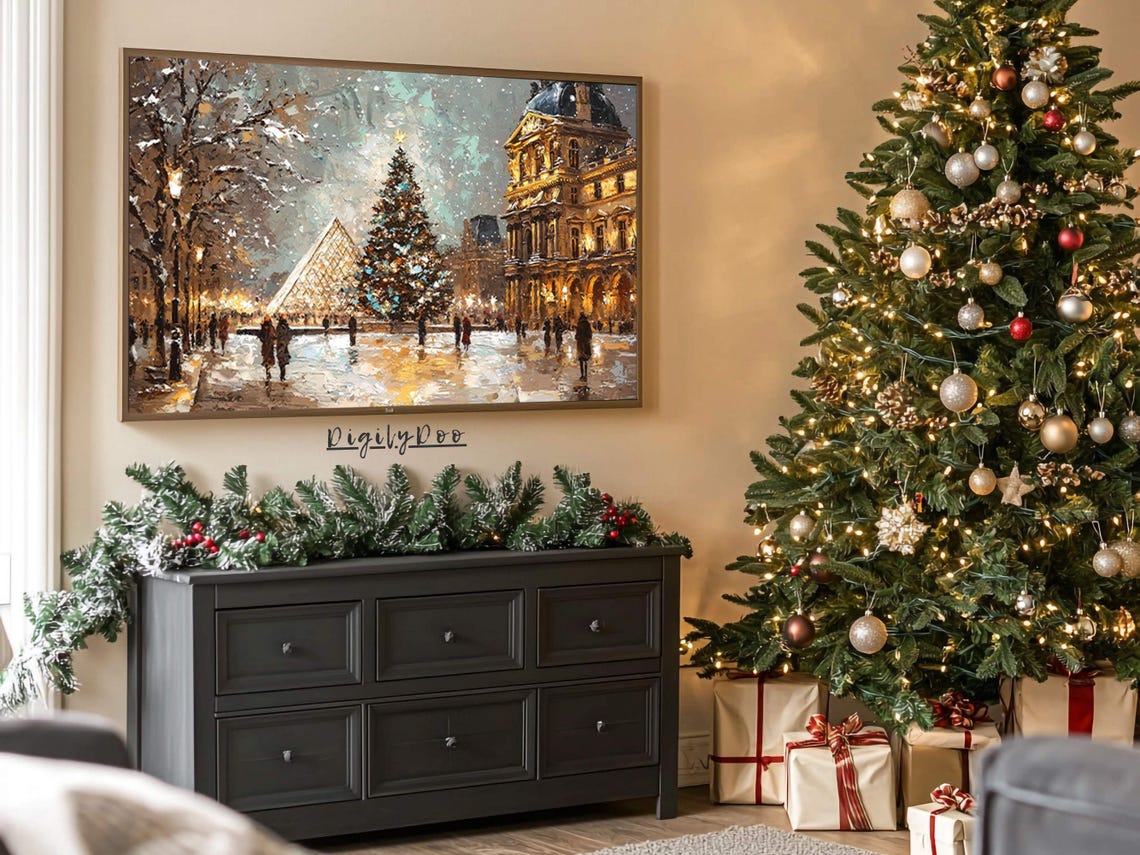 Paris Louvre Pyramid Christmas Tree Snowy Evening City Art Poster - Image 3