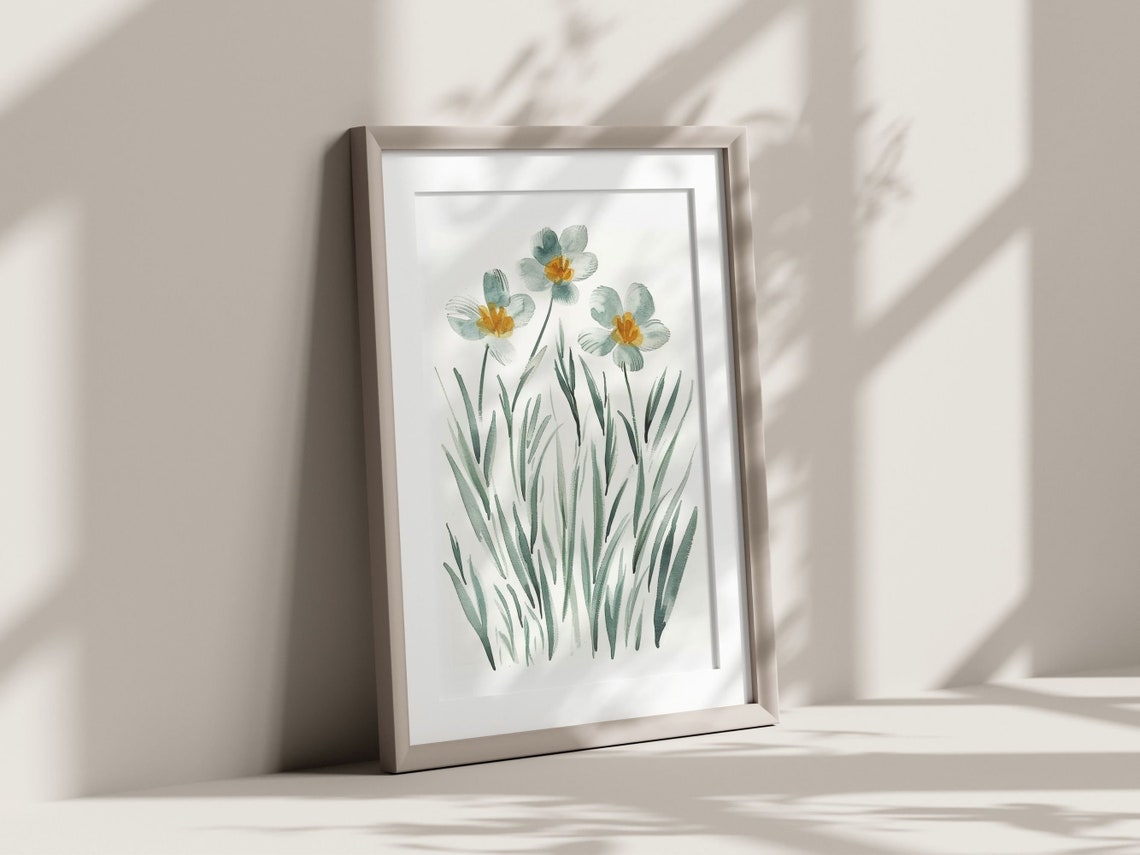 White Daffodils Yellow Centers Watercolor Botanical Flower Print - Image 2