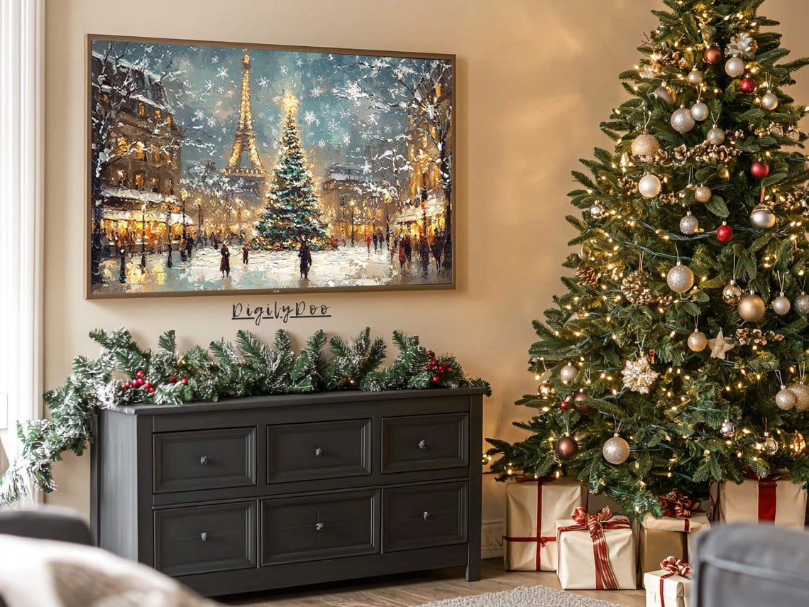 Paris Eiffel Tower Christmas Tree Snowy Street Holiday Night Poster - Image 3
