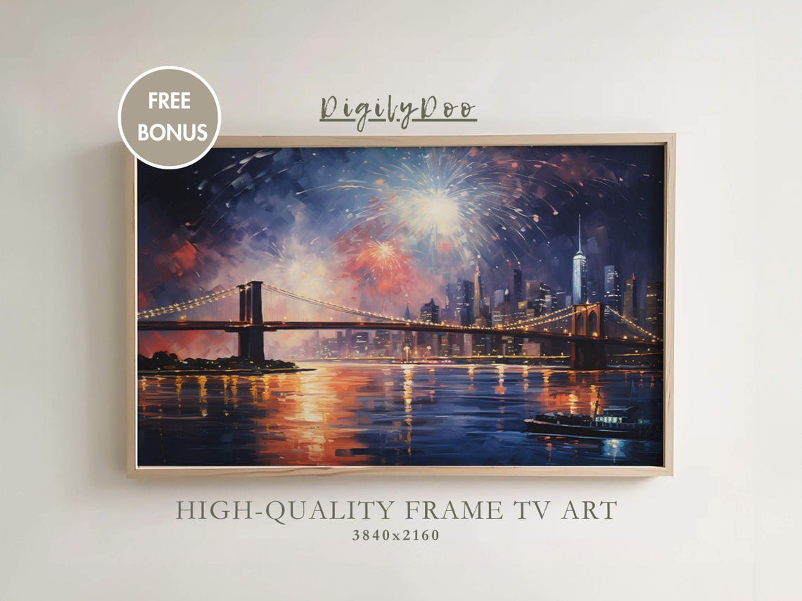 New York Fireworks Brooklyn Bridge Night Skyline Frame TV Poster
