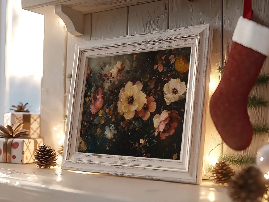 Christmas Floral Wall Art Xmas Winter Flowers Art Print Winter Holiday Decor Natural Moody Prints Antique Dark Flower Painting - Image 2
