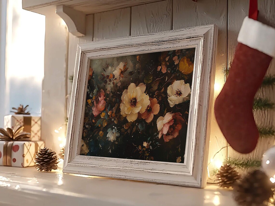 Vintage Floral Oil Painting Pink Yellow Roses Dark Moody Art Poster - Image 2