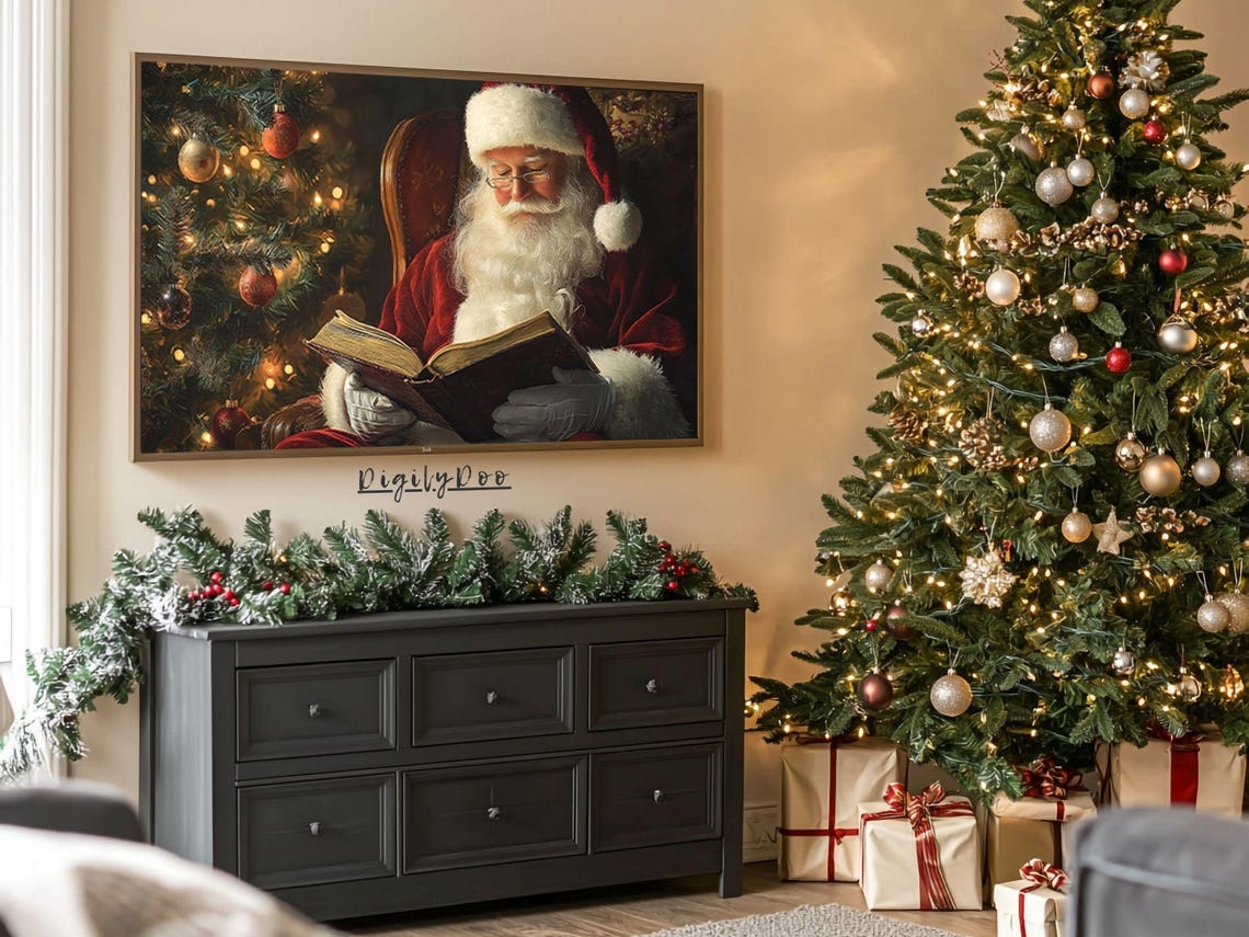 Christmas Frame Tv Art Santa Reading Book Painting Santa Claus Holiday Tv Decor Winter Tv Art Moody Wallpaper Downlaod - Image 3