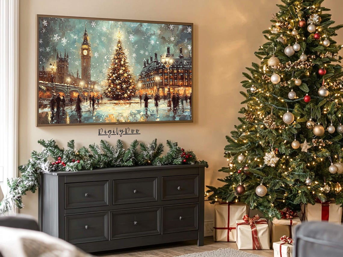London Big Ben Christmas Tree Snowfall Holiday City Scene Poster - Image 3