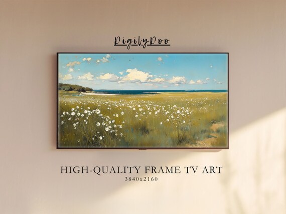 Spring White Daisy Meadow Coastal Blue Sky Frame TV Art Poster