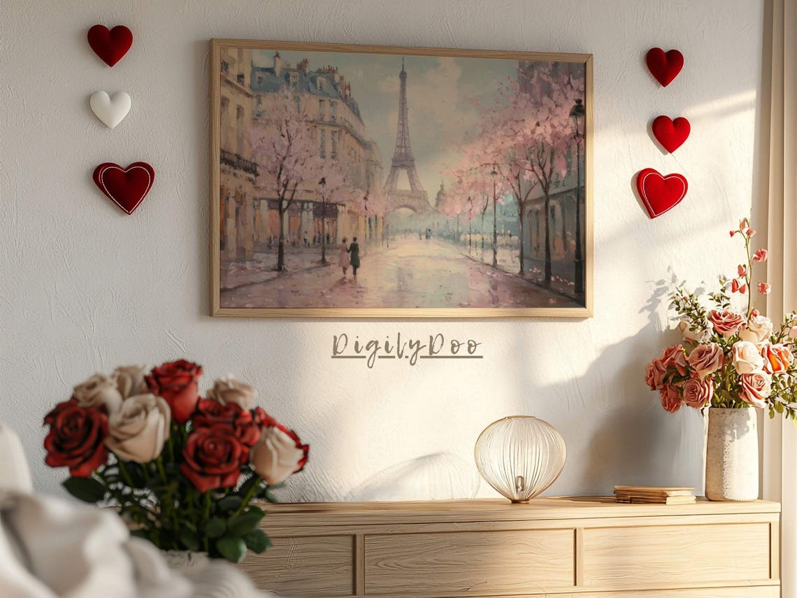 Paris Eiffel Tower Cherry Blossom Street Couple Romantic Travel Poster - Image 3