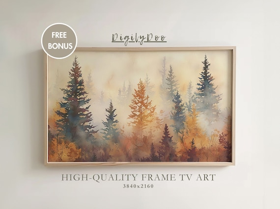 Foggy Autumn Pine Forest Golden Fall Watercolor Frame TV Print