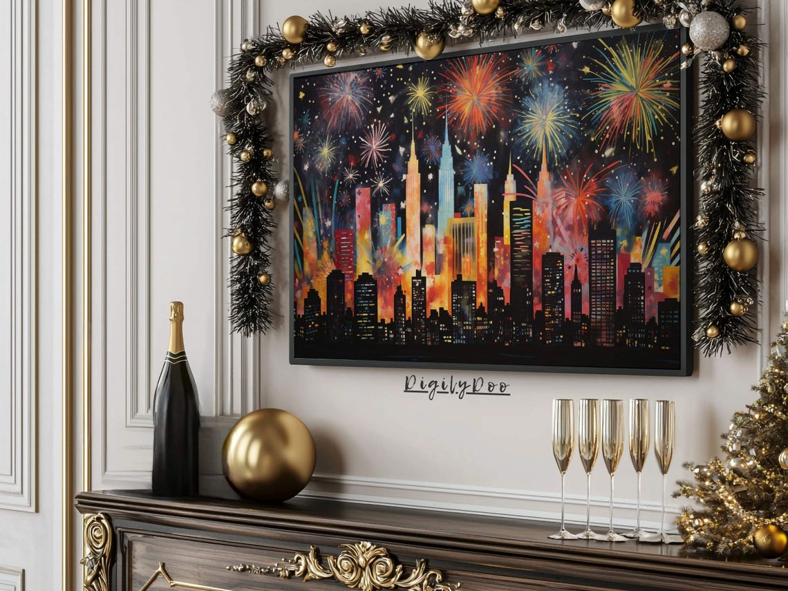 New York Skyline Fireworks Night Celebration Colorful Wall Art - Image 3