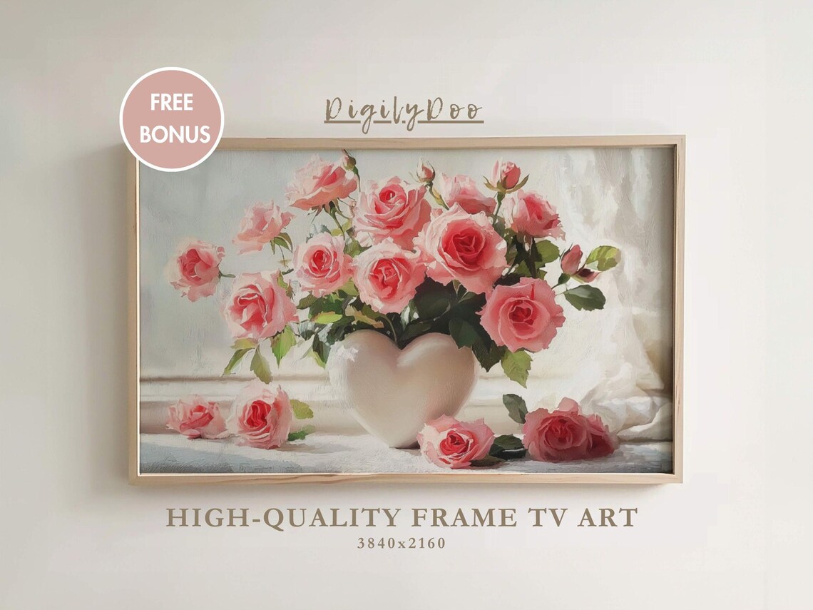 Pink Roses Heart Vase Still Life Romantic Valentine's TV Art Print