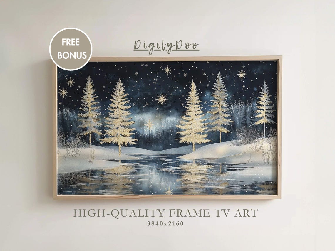 Snowy Pine Lake Starry Night Sky Winter Reflection Calm Art Poster