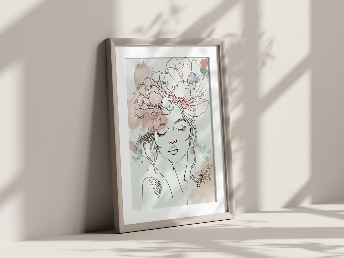 Woman Line Drawing Art Print, Minimalist Floral Hat - Image 3