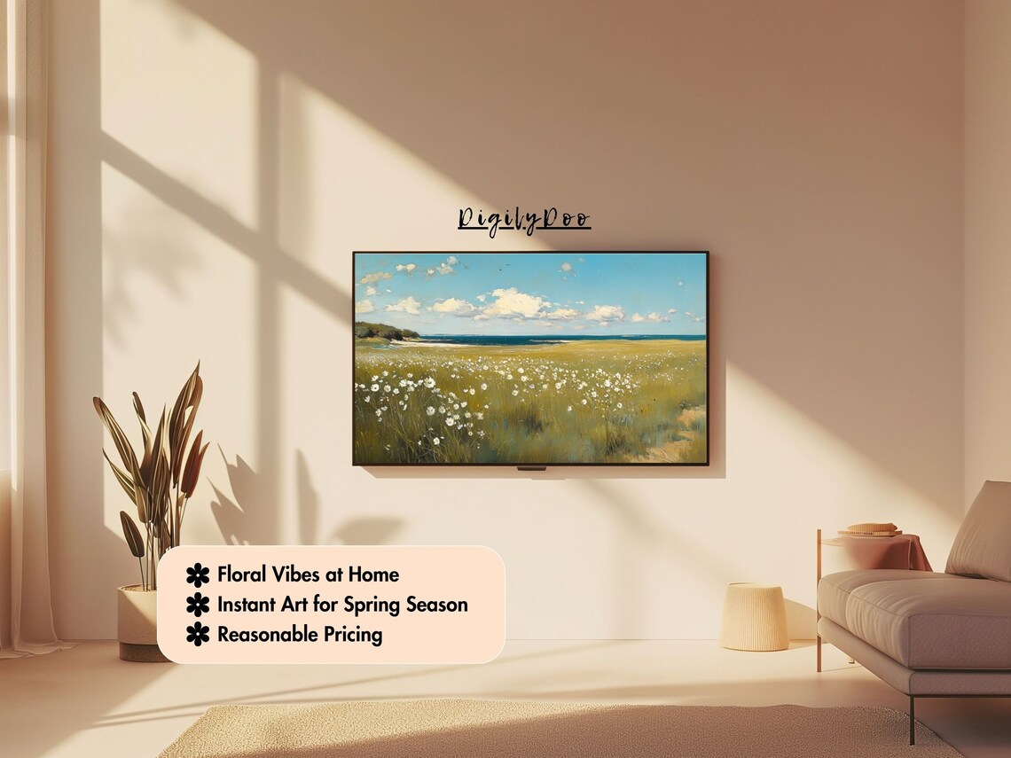 Spring White Daisy Meadow Coastal Blue Sky Frame TV Art Poster - Image 3