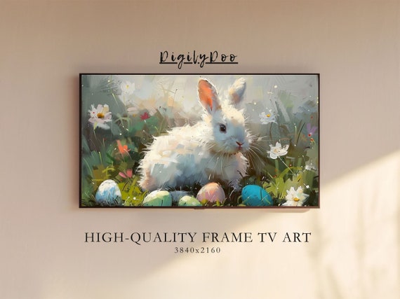 Easter Frame Tv Art Tiny White Bunny With Easter Eggs Tv Art Cute Rabbit Painting Spring Vintage Farmhouse Decor