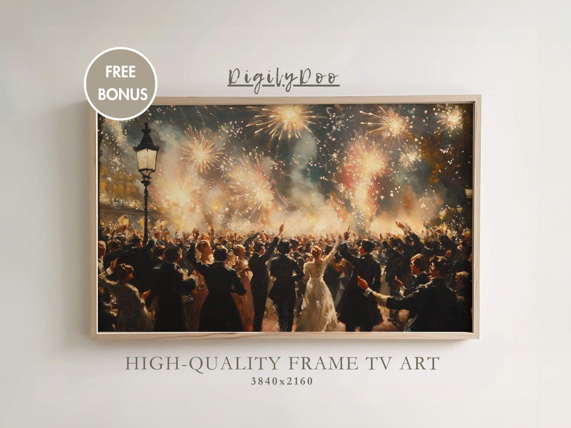 New Year Fireworks Crowd Vintage Celebration Night Party Art Poster