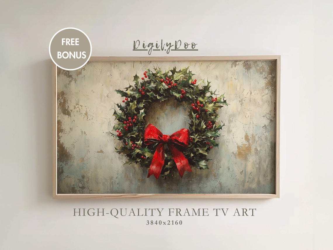 Holly Christmas Wreath Red Bow Rustic Farmhouse Holiday Decor Poster