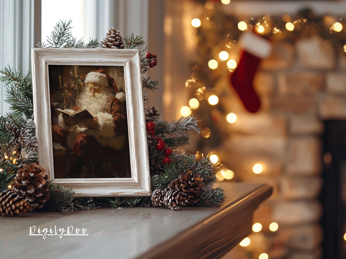 Rustic Santa Claus Reading Book Vintage Christmas Art Print - Image 3