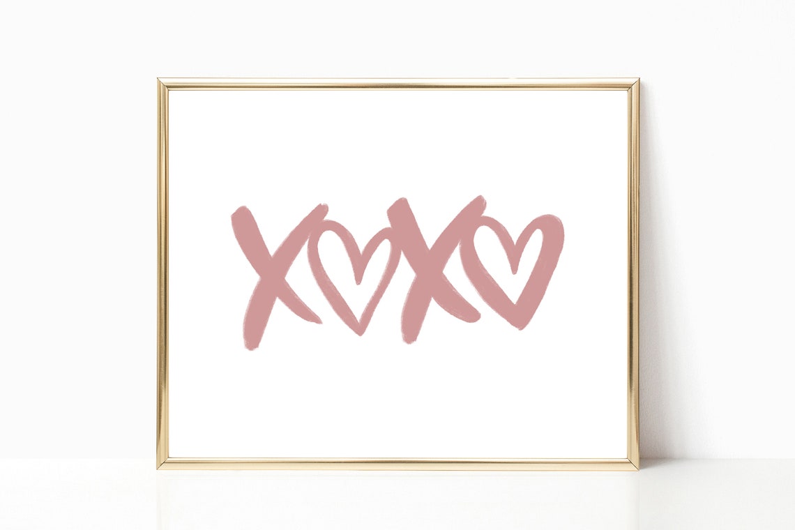Dusty Rose Watercolor XOXO Hearts Brush Lettering Valentine Poster