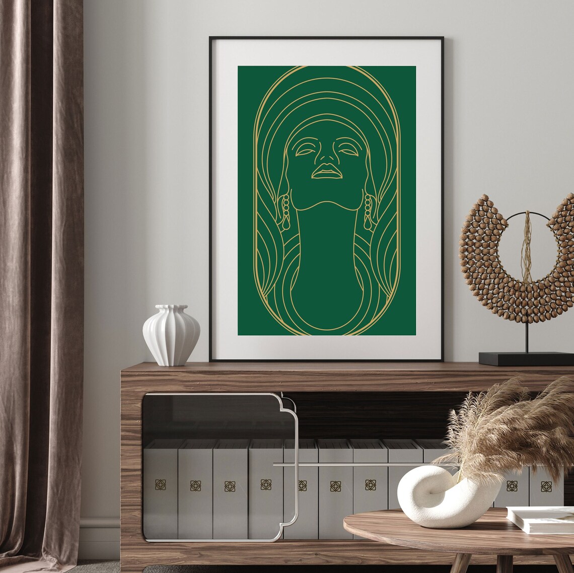 Emerald Green Art Deco Woman Front Face Gold Linework Decor Poster - Image 4