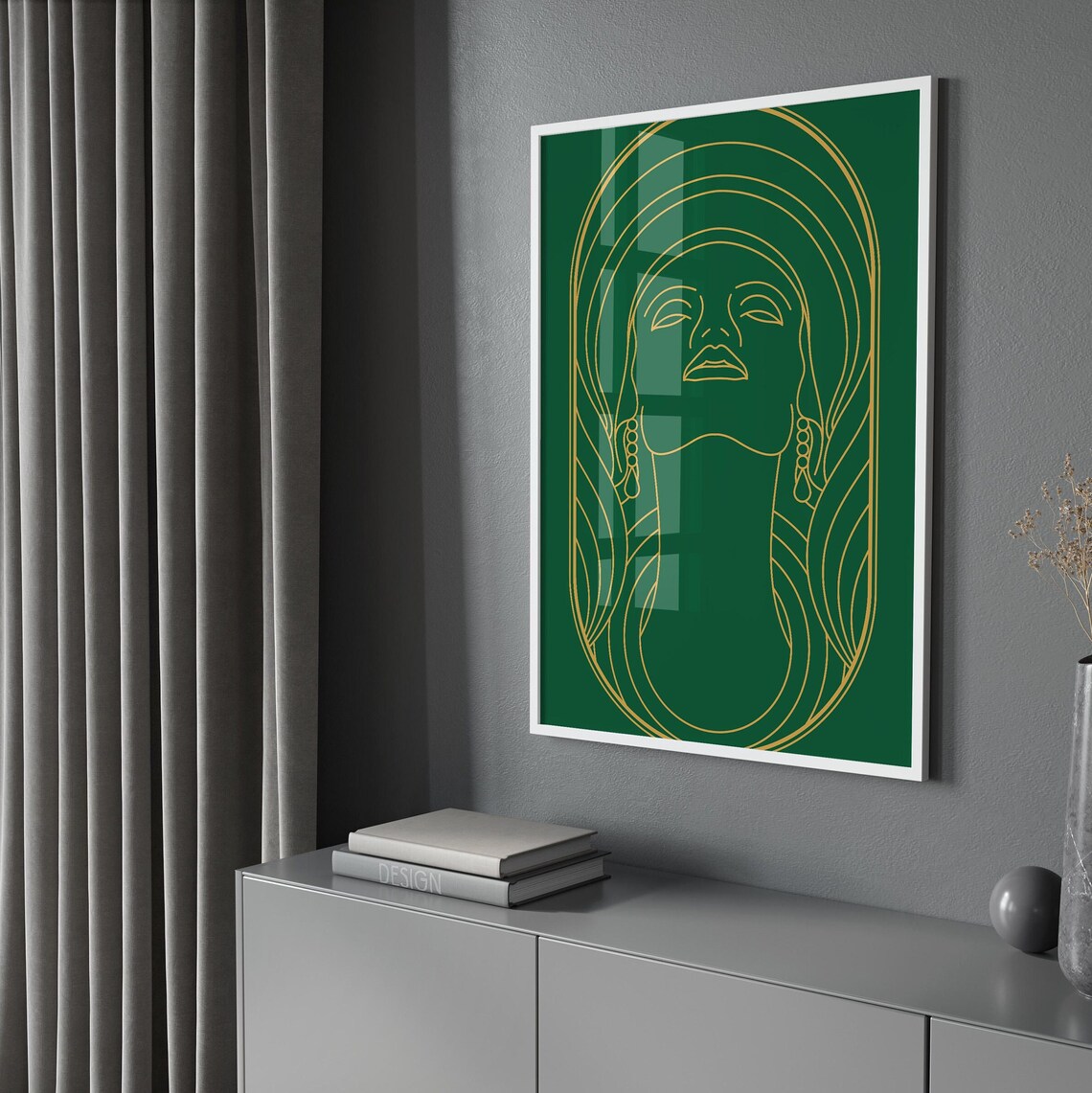 Emerald Green Art Deco Woman Front Face Gold Linework Decor Poster - Image 3