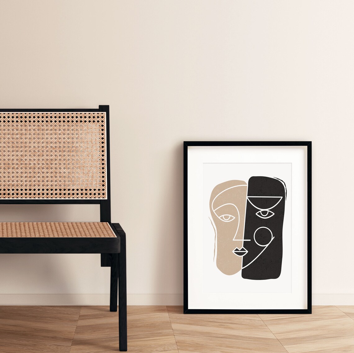 Abstract Split Face Beige Black White Line Art Portrait Poster - Image 3