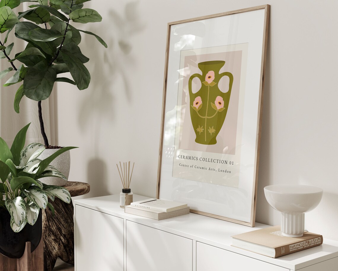 Boho Ceramic Vase Green Wall Art Print, Home Decor - Image 3