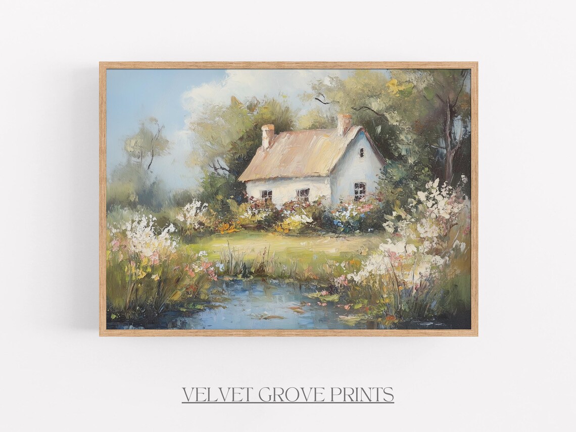 Charming Country Cottage By A Pond In Bloom Oil Painting Print