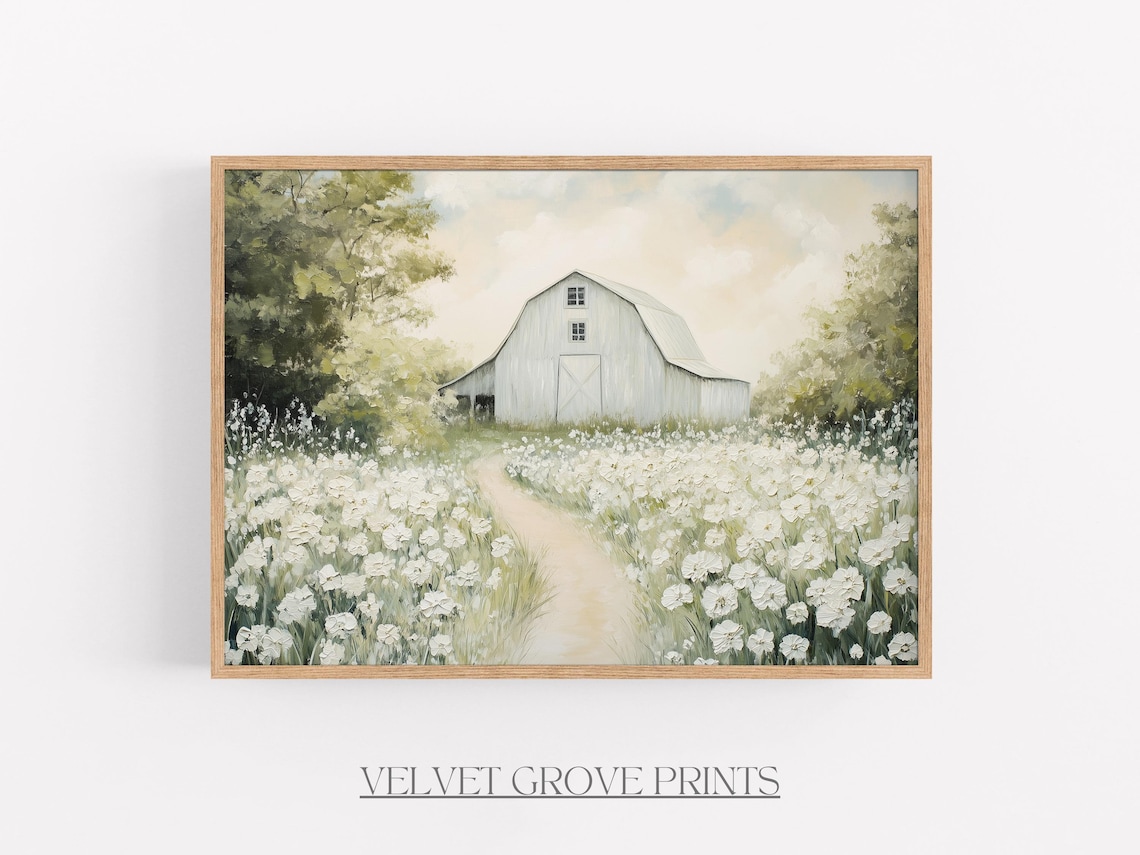 White Barn In Wildflower Field Rustic Farmhouse Landscape Oil Poster