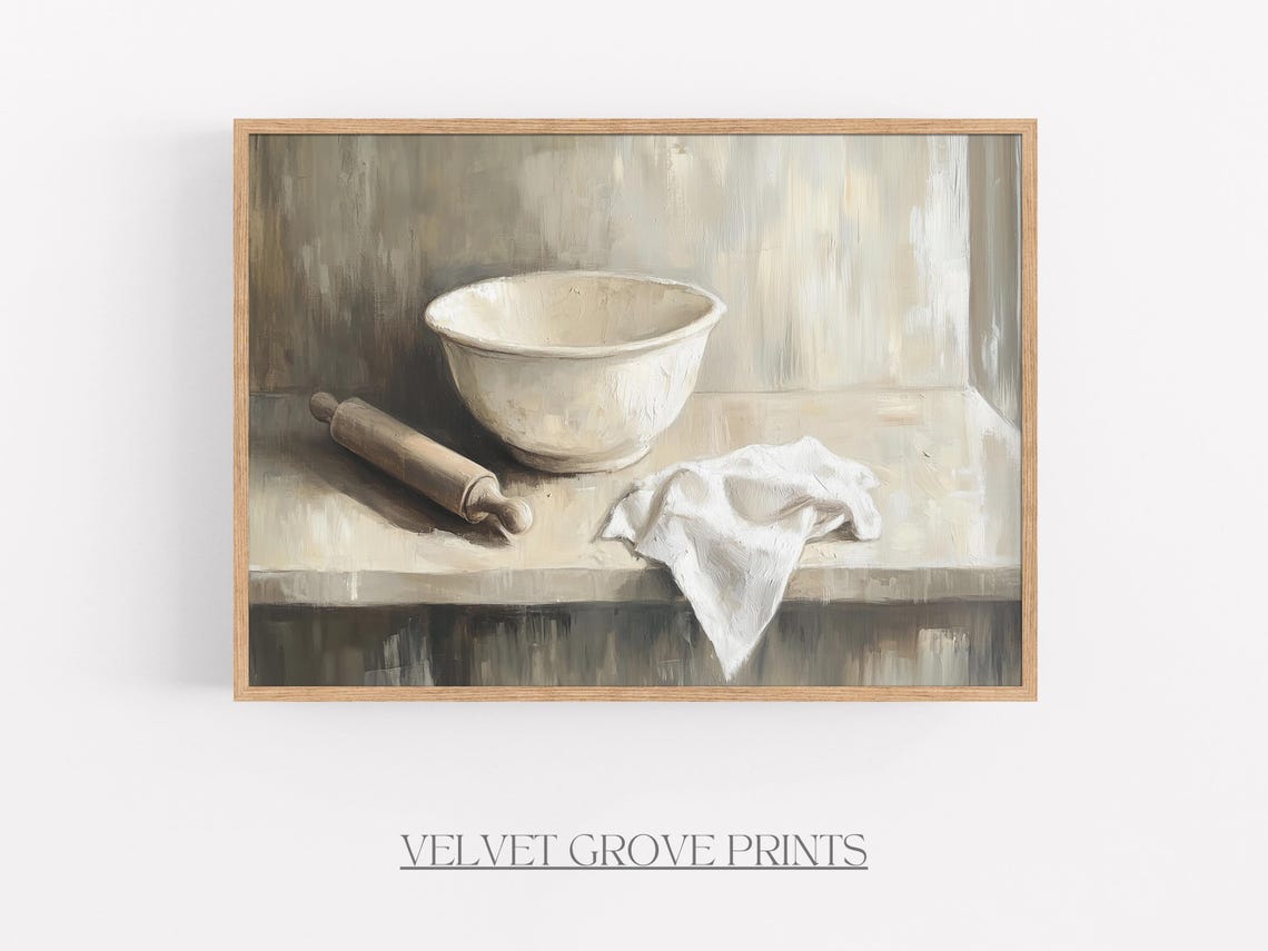 Vintage Kitchen Still Life Ceramic Bowl Rolling Pin Neutral Oil Poster