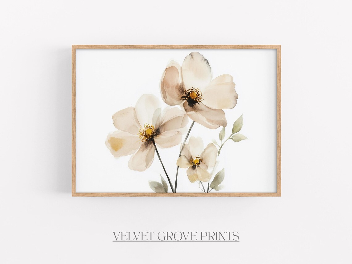 Neutral Beige Floral Watercolor Minimalist Botanical Art Poster