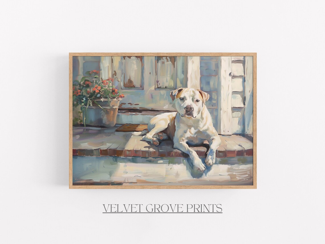 White Dog On Porch Steps Rustic Farmhouse Oil Painting Poster