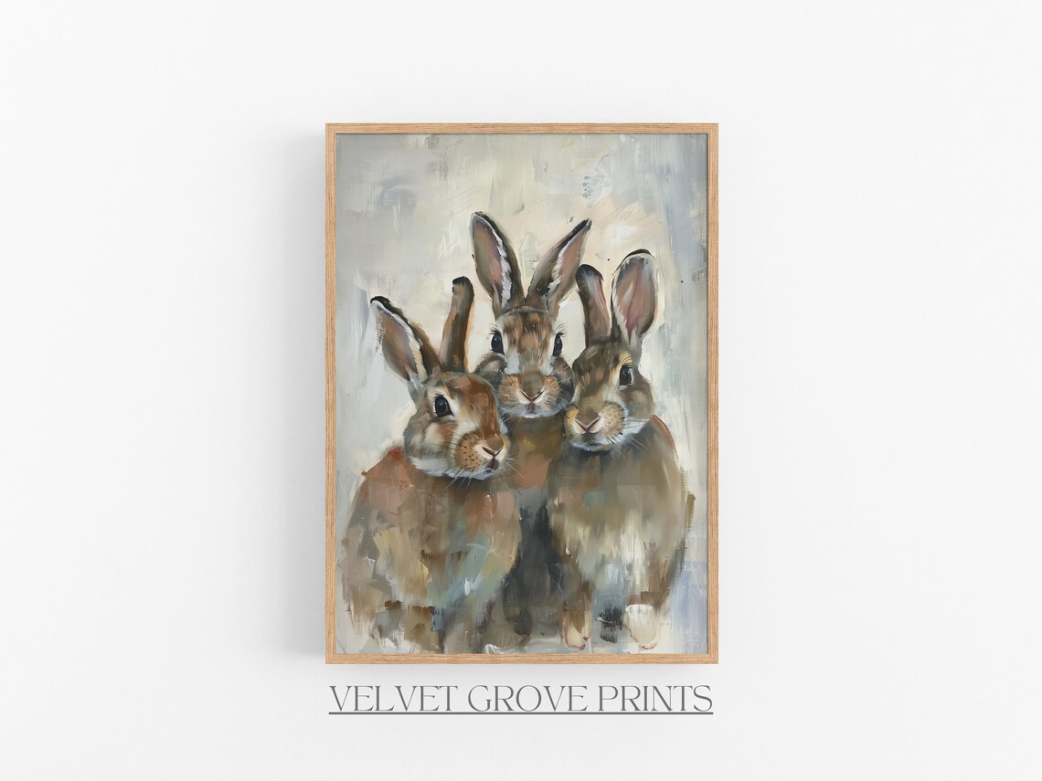Three Bunnies Vintage Oil Painting Cute Rabbit Portrait Poster