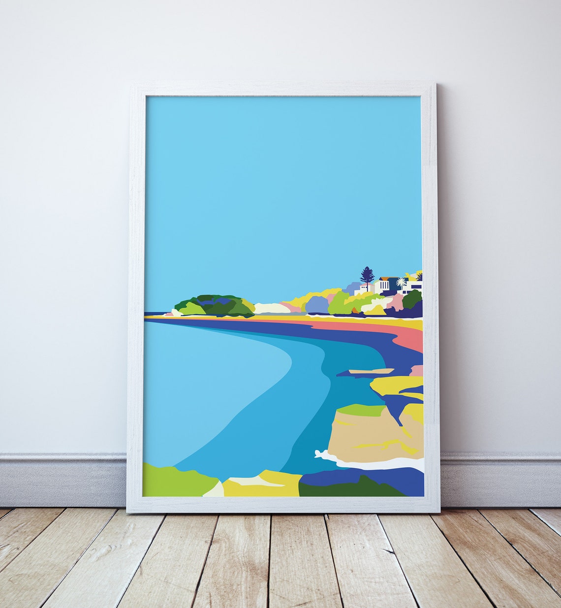 Manly Australia Curved Bay Beach with Colorful Headlands Travel Poster