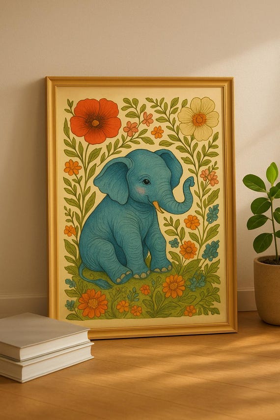 Blue Elephant Wall Art Boho Jungle Animal Print Colorful Nursery Decor Whimsical Botanical