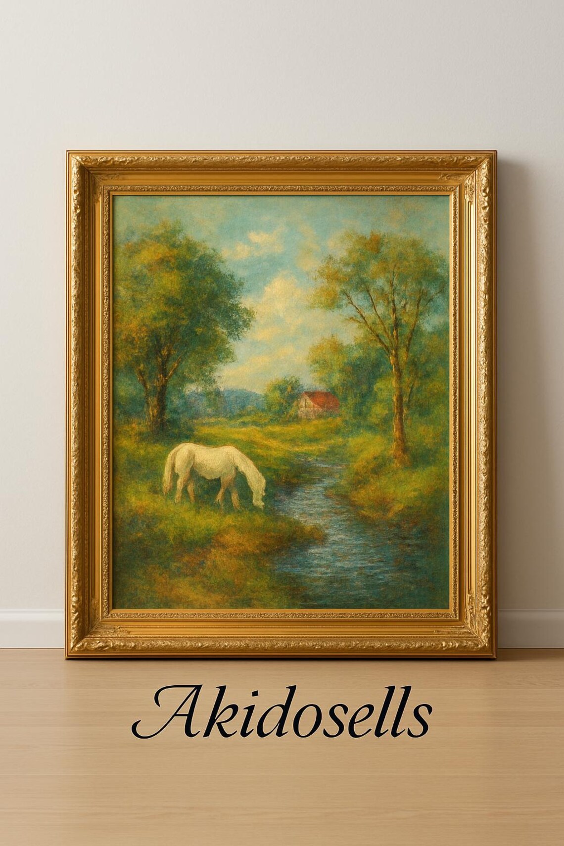 White Horse Grazing Meadow Poster Impressionist Stream And Barn Scene