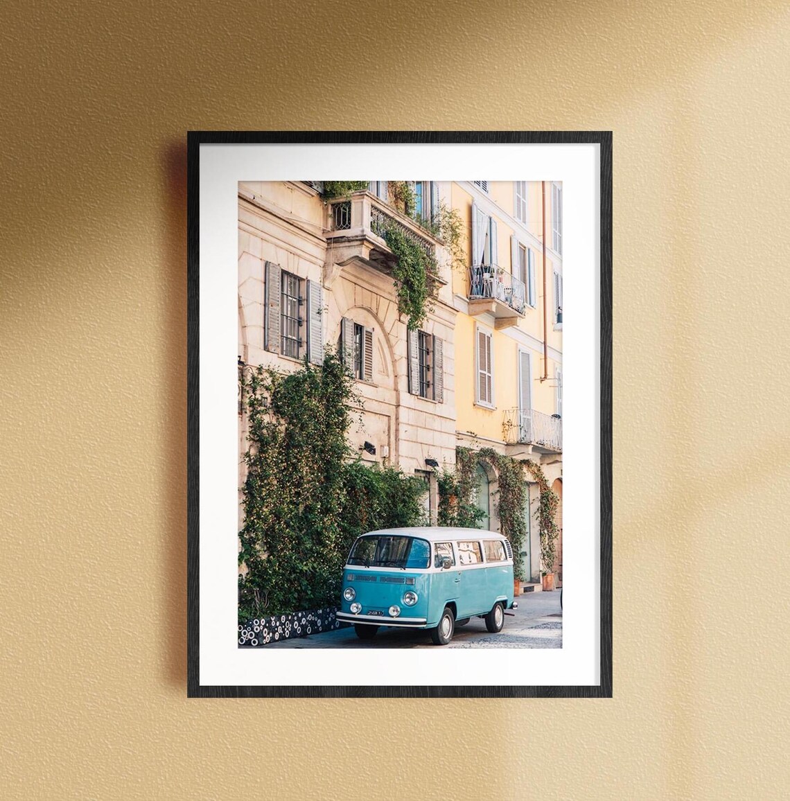 Milan Italy Vintage Blue Volkswagen Van Street Scene Photo Poster