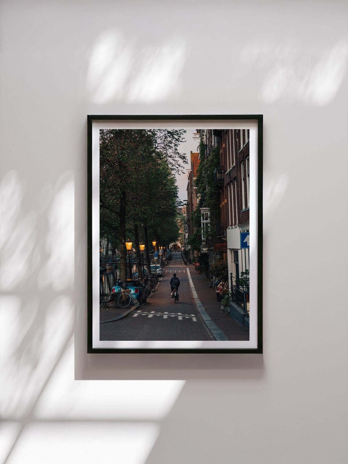 Amsterdam Netherlands Cyclist On Tree Lined Dusk Street Photo Poster