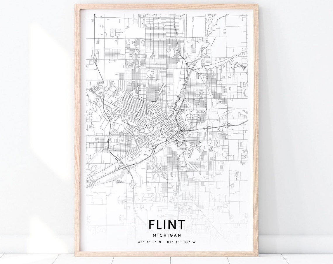 Flint Map Print Michigan Art Poster City Street Road Black White Modern Home Office Decor Wall
