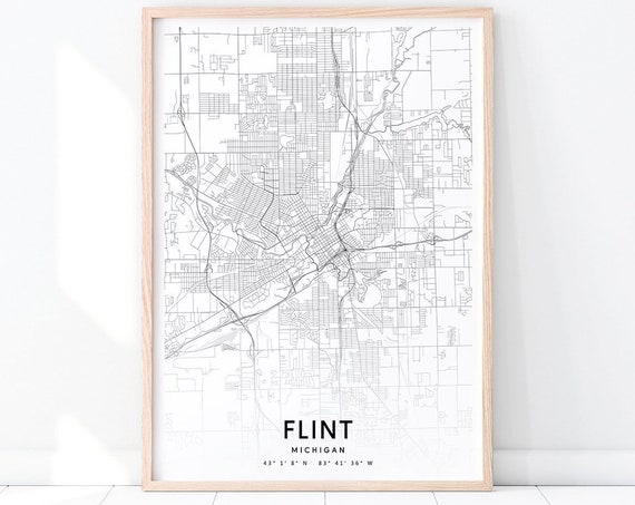 Flint Map Print Michigan Art Poster City Street Road Black White Modern Home Office Decor Wall
