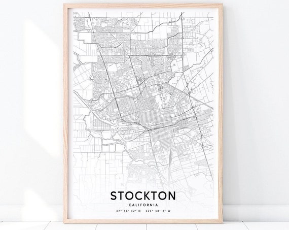 Stockton Map Print Usa Art Poster City Street Road Black White Modern Wall Home Office Decor
