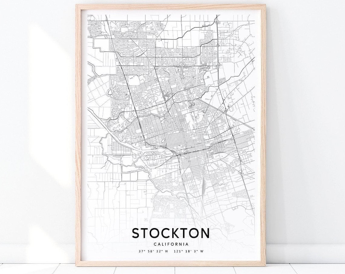 Stockton California Minimalist Black and White City Street Map Poster