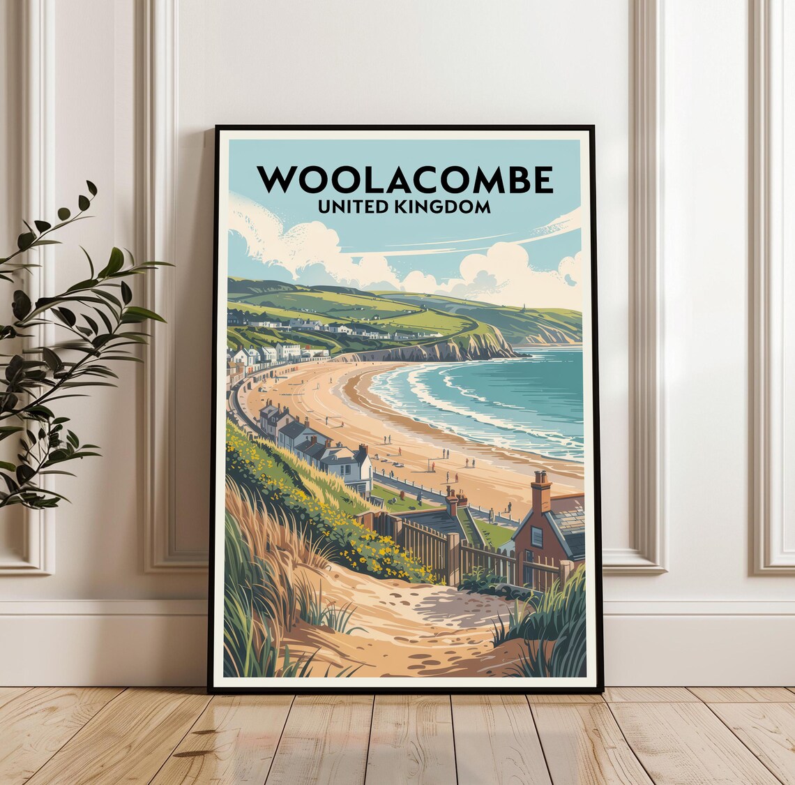 Woolacombe United Kingdom Travel Poster of Golden Beach and Bay