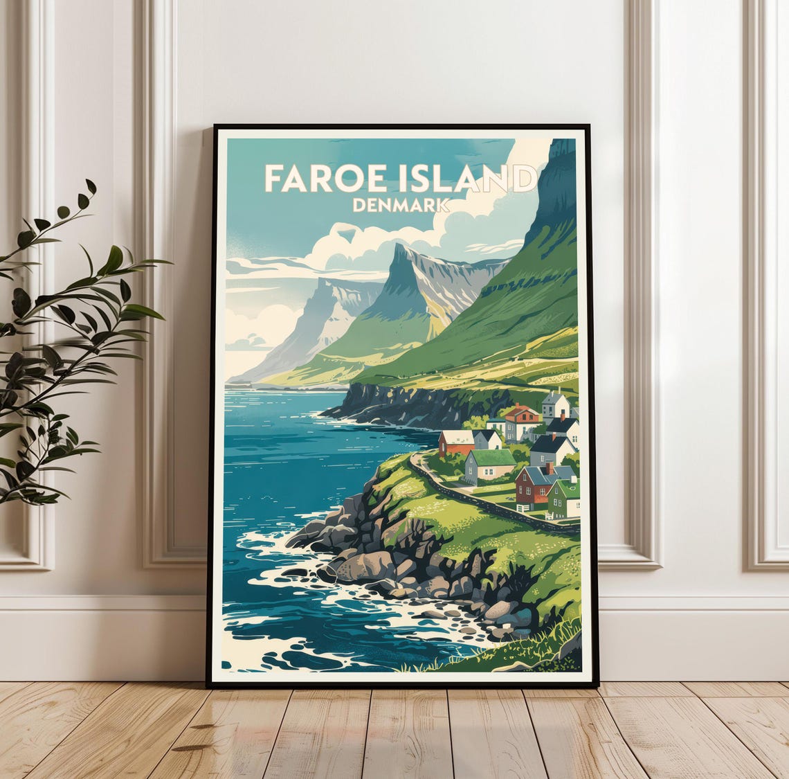 Faroe Island Denmark Cliffs Coastal Village Vintage Travel Poster