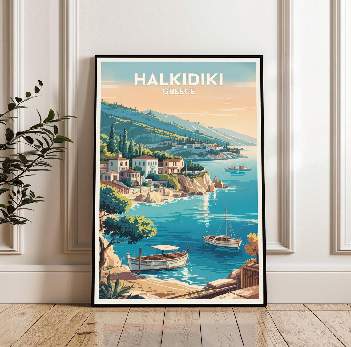 Halkidiki Greece Vintage Coastal Travel Poster With Harbor Boats