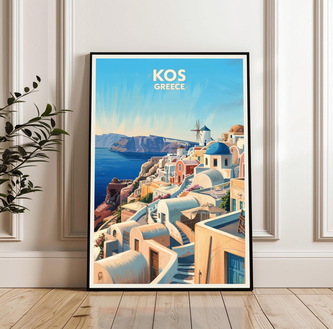 Kos Greece Whitewashed Village Blue Domes Aegean Travel Poster
